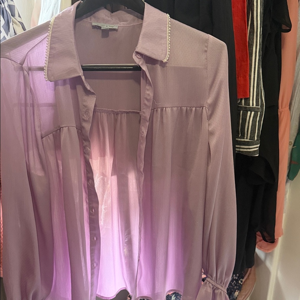 Light Purple Pearl-Trim Button-Down Blouse - Women